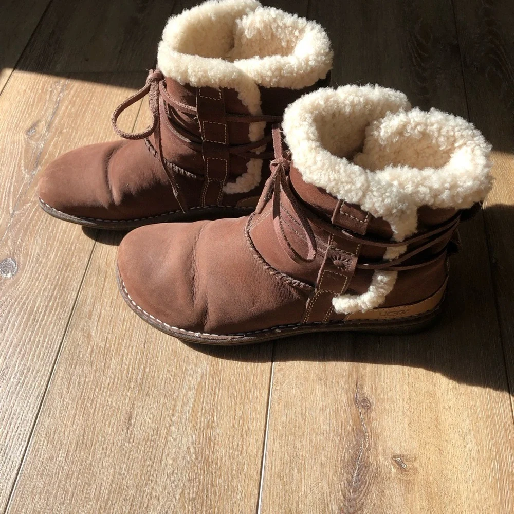 UGG Brown Shearling-Lined Winter Boots with Tie Eu 40 US 9